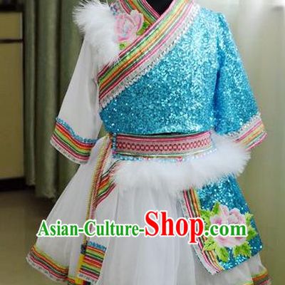 Traditional Chinese Zang Nationality Dancing Costume, Tibetan Children Folk Dance Ethnic Pleated Skirt, Chinese Tibetan Minority Blue Dress for Kids