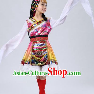 Traditional Chinese Zang Nationality Dancing Costume, Tibetan Children Folk Dance Ethnic Pleated Skirt, Chinese Tibetan Minority Water Sleeve Pink Dress for Kids