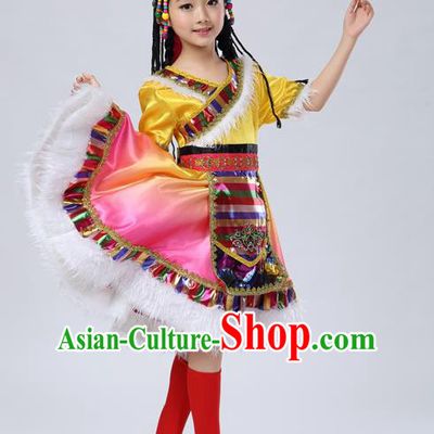 Traditional Chinese Zang Nationality Dancing Costume, Tibetan Children Folk Dance Ethnic Pleated Skirt, Chinese Tibetan Minority Yellow Dress for Kids