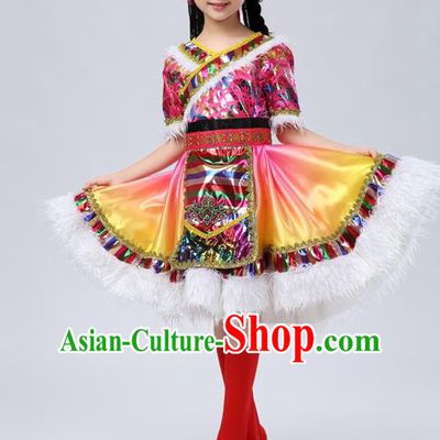 Traditional Chinese Zang Nationality Dancing Costume, Tibetan Female Folk Dance Ethnic Pleated Skirt, Chinese Tibetan Minority Yellow Dress for Women