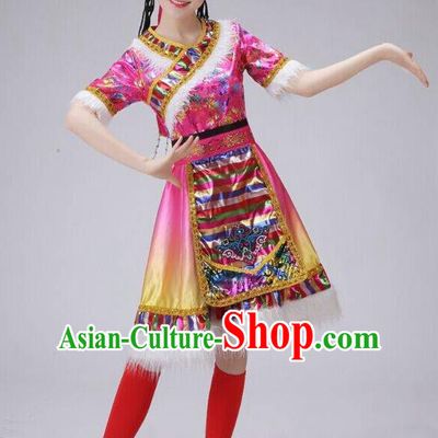 Traditional Chinese Zang Nationality Dancing Costume, Tibetan Female Folk Dance Ethnic Pleated Skirt, Chinese Tibetan Minority Pink Dress for Women