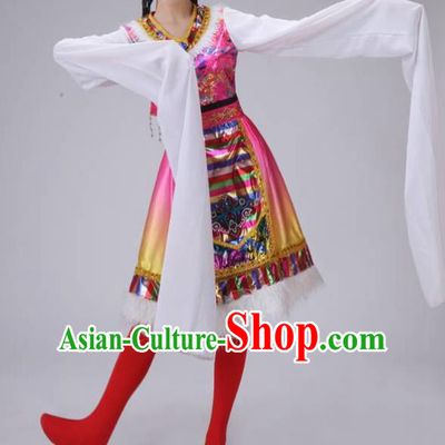 Traditional Chinese Zang Nationality Dancing Costume, Tibetan Female Folk Dance Ethnic Pleated Skirt, Chinese Tibetan Minority Pink Water Sleeve Dress for Women