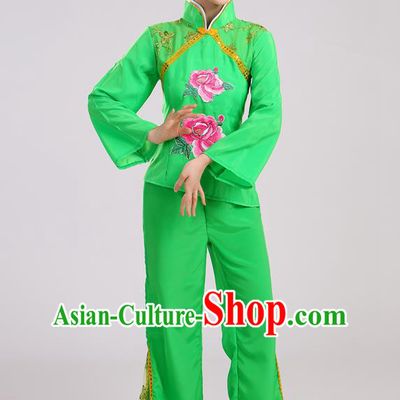 Traditional Chinese Yangge Fan Dancing Costume, Folk Dance Yangko Mandarin Sleeve Uniform Drum Dance Green Clothing for Women