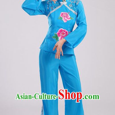 Traditional Chinese Yangge Fan Dancing Costume, Folk Dance Yangko Mandarin Sleeve Uniform Drum Dance Blue Clothing for Women