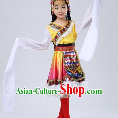 Traditional Chinese Zang Nationality Dancing Costume, Tibetan Children Folk Dance Ethnic Pleated Skirt, Chinese Tibetan Minority Water Sleeve Yellow Dress for Kids