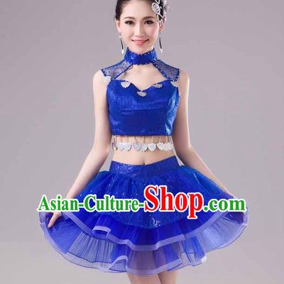 Traditional Chinese Modern Dance Costume, Women Opening Dance Chorus Group Uniforms Short Paillette Blue Bubble Dress for Women
