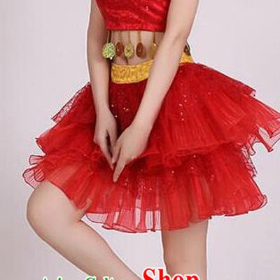 Traditional Chinese Modern Dance Costume, Women Opening Dance Chorus Group Uniforms Short Paillette Red Bubble Dress for Women