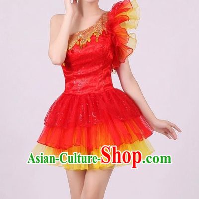 Traditional Chinese Modern Dance Costume, Women Opening Dance Chorus Group Uniforms One-shoulder Short Red Bubble Dress for Women