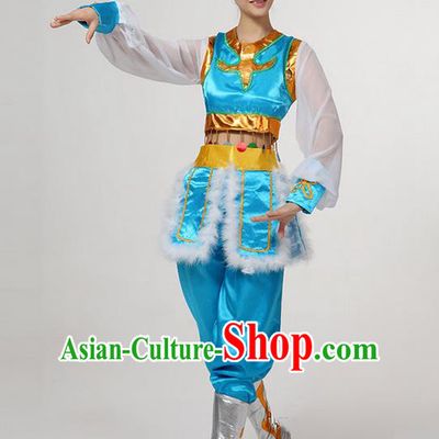 Traditional Chinese Mongol Nationality Dancing Costume, Mongols Female Folk Dance Ethnic Clothing, Chinese Mongolian Minority Nationality Blue Costume for Women