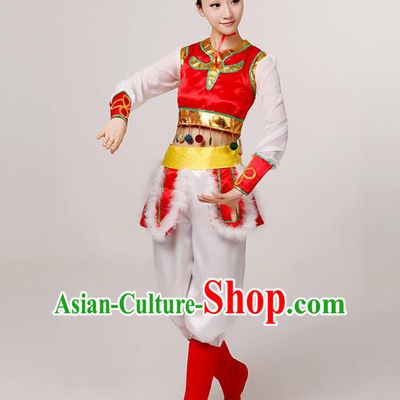Traditional Chinese Mongol Nationality Dancing Costume, Mongols Female Folk Dance Ethnic Clothing, Chinese Mongolian Minority Nationality Red Costume for Women