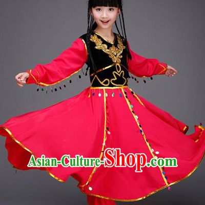 Traditional Chinese Uyghur Nationality Dancing Costume, Children Folk Dance Ethnic Costume, Chinese Minority Nationality Uigurian Dance Costume for Kids