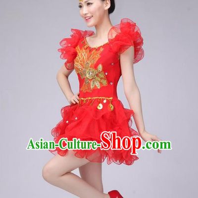 Traditional Chinese Modern Dance Costume, Women Opening Dance Chorus Group Uniforms Short Red Bubble Dress for Women