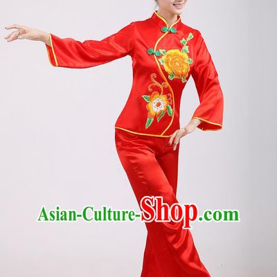 Traditional Chinese Classical Dance Yangge Fan Dance Costume, Folk Dance Drum Dance Peony Uniform Yangko Red Clothing for Women