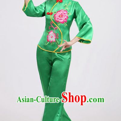 Traditional Chinese Classical Dance Yangge Fan Dance Costume, Folk Dance Drum Dance Peony Uniform Yangko Green Clothing for Women