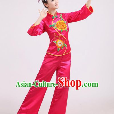 Traditional Chinese Classical Dance Yangge Fan Dance Costume, Folk Dance Drum Dance Peony Uniform Yangko Rose Clothing for Women