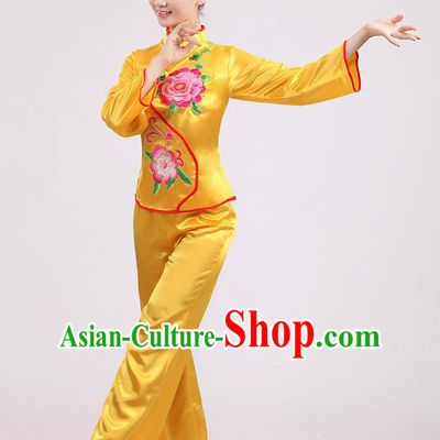 Traditional Chinese Classical Dance Yangge Fan Dance Costume, Folk Dance Drum Dance Peony Uniform Yangko Yellow Clothing for Women