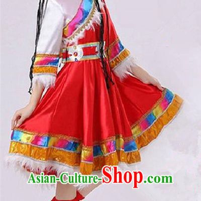 Traditional Chinese Zang Nationality Dancing Costume, Tibetan Female Folk Dance Ethnic Pleated Skirt, Chinese Tibetan Minority Red Dress for Women