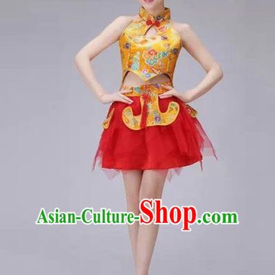 Traditional Chinese Modern Dance Costume, China Style Women Opening Dance Chorus Group Uniforms Short Golden Bubble Dress for Women