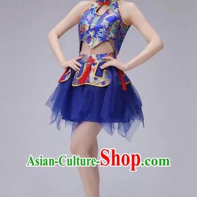 Traditional Chinese Modern Dance Costume, China Style Women Opening Dance Chorus Group Uniforms Short Blue Bubble Dress for Women