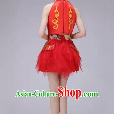 Traditional Chinese Modern Dance Costume, China Style Women Opening Dance Chorus Group Uniforms Short Red Bubble Dress for Women