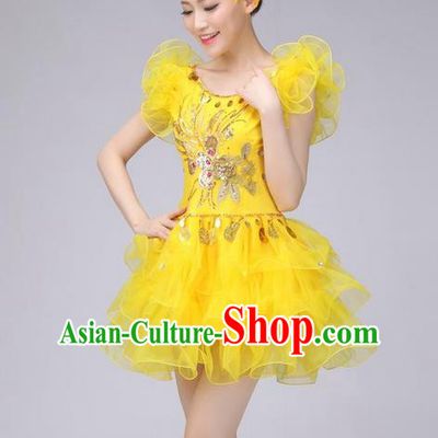 Traditional Chinese Modern Dance Costume, Women Opening Dance Chorus Group Uniforms Short Yellow Bubble Dress for Women