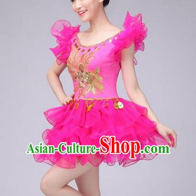 Traditional Chinese Modern Dance Costume, Women Opening Dance Chorus Group Uniforms Short Pink Bubble Dress for Women