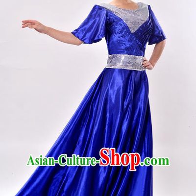 Top Grade Professional Compere Modern Dance Costume, Women Opening Dance Chorus Singing Group Uniforms Blue Paillette Long Dress for Women