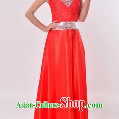 Top Grade Professional Compere Modern Dance Costume, Women Opening Dance Chorus Singing Group Uniforms Red Paillette Long Dress for Women