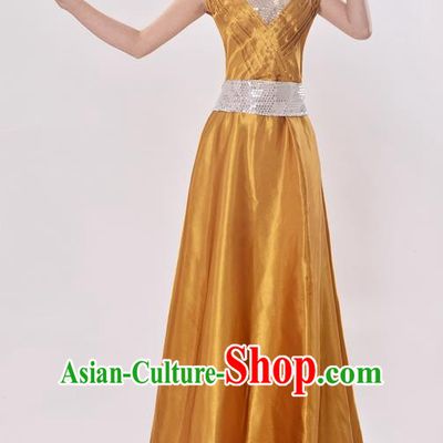 Top Grade Professional Compere Modern Dance Costume, Women Opening Dance Chorus Singing Group Uniforms Golden Paillette Long Dress for Women