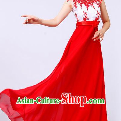 Top Grade Professional Compere Modern Dance Costume, Women Opening Dance Chorus Singing Group Uniforms Red Lace Long Dress for Women