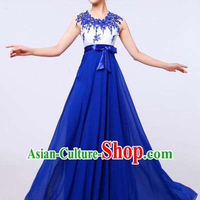 Top Grade Professional Compere Modern Dance Costume, Women Opening Dance Chorus Singing Group Uniforms Blue Lace Long Dress for Women