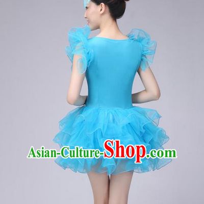 Traditional Chinese Modern Dance Costume, Women Opening Dance Chorus Group Uniforms Short Blue Bubble Dress for Women