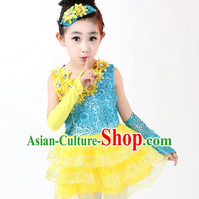 Top Grade Professional Performance Catwalks Costume, Children Chorus Full Dress Modern Dance Little Princess Paillette Yellow Bubble Dress for Girls Kids