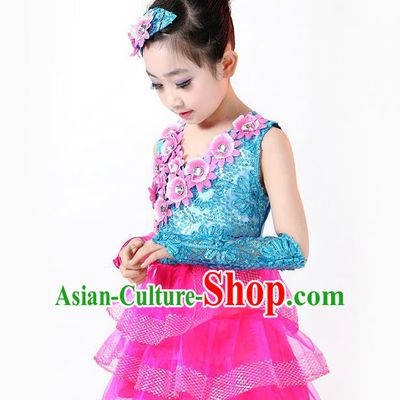 Top Grade Professional Performance Catwalks Costume, Children Chorus Full Dress Modern Dance Little Princess Paillette Pink Bubble Dress for Girls Kids