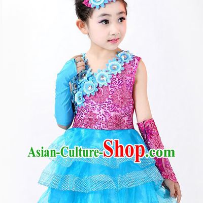 Top Grade Professional Performance Catwalks Costume, Children Chorus Full Dress Modern Dance Little Princess Paillette Blue Bubble Dress for Girls Kids