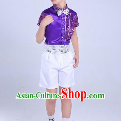 Top Grade Professional Performance Catwalks Costume, Children Chorus Modern Dance Purple Paillette Clothing for Boys Kids