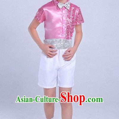 Top Grade Professional Performance Catwalks Costume, Children Chorus Modern Dance Pink Paillette Clothing for Boys Kids