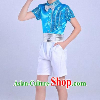 Top Grade Professional Performance Catwalks Costume, Children Chorus Modern Dance Blue Paillette Clothing for Boys Kids