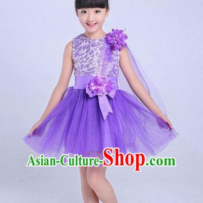 Top Grade Professional Performance Catwalks Costume, Children Chorus Modern Dance Purple Paillette Bubble Dress for Girls Kids