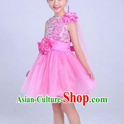 Top Grade Professional Performance Catwalks Costume, Children Chorus Modern Dance Pink Paillette Bubble Dress for Girls Kids