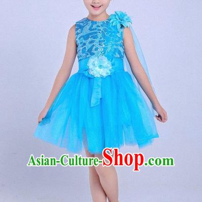 Top Grade Professional Performance Catwalks Costume, Children Chorus Modern Dance Blue Paillette Bubble Dress for Girls Kids