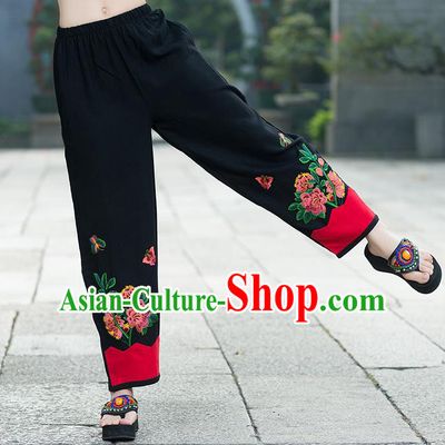 Traditional Chinese National Costume Plus Fours, Elegant Hanfu Embroidered Black Linen Bloomers, China Ethnic Minorities Tang Suit Pantalettes for Women