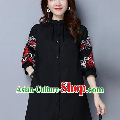 Traditional Chinese National Costume, Elegant Hanfu Embroidery Black Shirt, China Tang Suit Chirpaur Blouse Cheong-sam Upper Outer Garment Qipao Shirts Clothing for Women