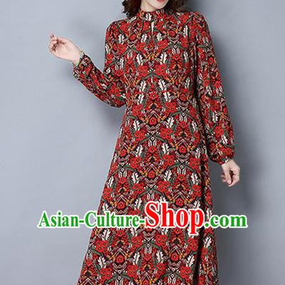 Traditional Ancient Chinese National Costume, Elegant Hanfu Mandarin Qipao Linen Puff Sleeve Red Dress, China Tang Suit Chirpaur Republic of China Cheongsam Upper Outer Garment Elegant Dress Clothing for Women