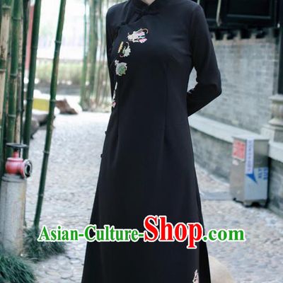 Traditional Ancient Chinese National Costume, Elegant Hanfu Mandarin Qipao Linen Hand Embroidery Black Dress, China Tang Suit Chirpaur Republic of China Stand Collar Cheongsam Upper Outer Garment Elegant Dress Clothing for Women