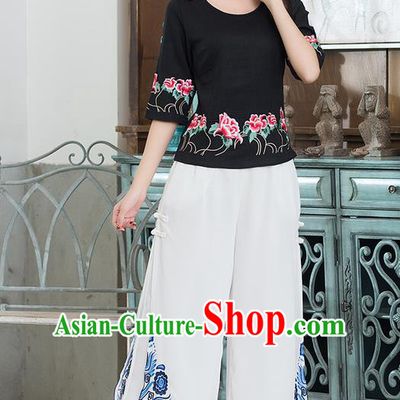 Traditional Chinese National Costume Loose Pants, Elegant Hanfu Embroidered Chiffon White Wide leg Pants, China Ethnic Minorities Tang Suit Ultra-wide-leg Trousers for Women