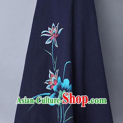 Traditional Ancient Chinese National Pleated Skirt Costume, Elegant Hanfu Linen Printing Lotus Long Navy Skirt, China Tang Suit Bust Skirt for Women