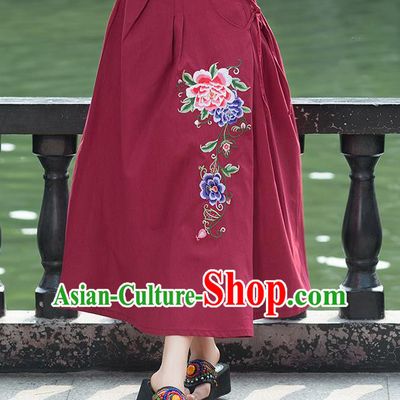 Traditional Ancient Chinese National Pleated Skirt Costume, Elegant Hanfu Linen Embroidery Long Red Skirts, China Tang Suit Bust Skirt for Women