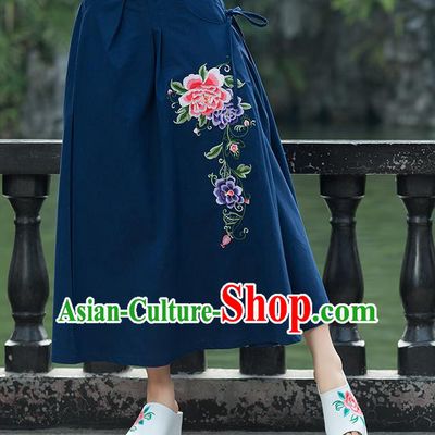 Traditional Ancient Chinese National Pleated Skirt Costume, Elegant Hanfu Linen Embroidery Long Blue Skirts, China Tang Suit Bust Skirt for Women