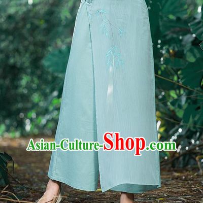 Traditional Chinese National Costume Loose Pants, Elegant Hanfu Hand Painting Bamboo leaves Chiffon Green Wide leg Pants, China Ethnic Minorities Tang Suit Ultra-wide-leg Trousers for Women